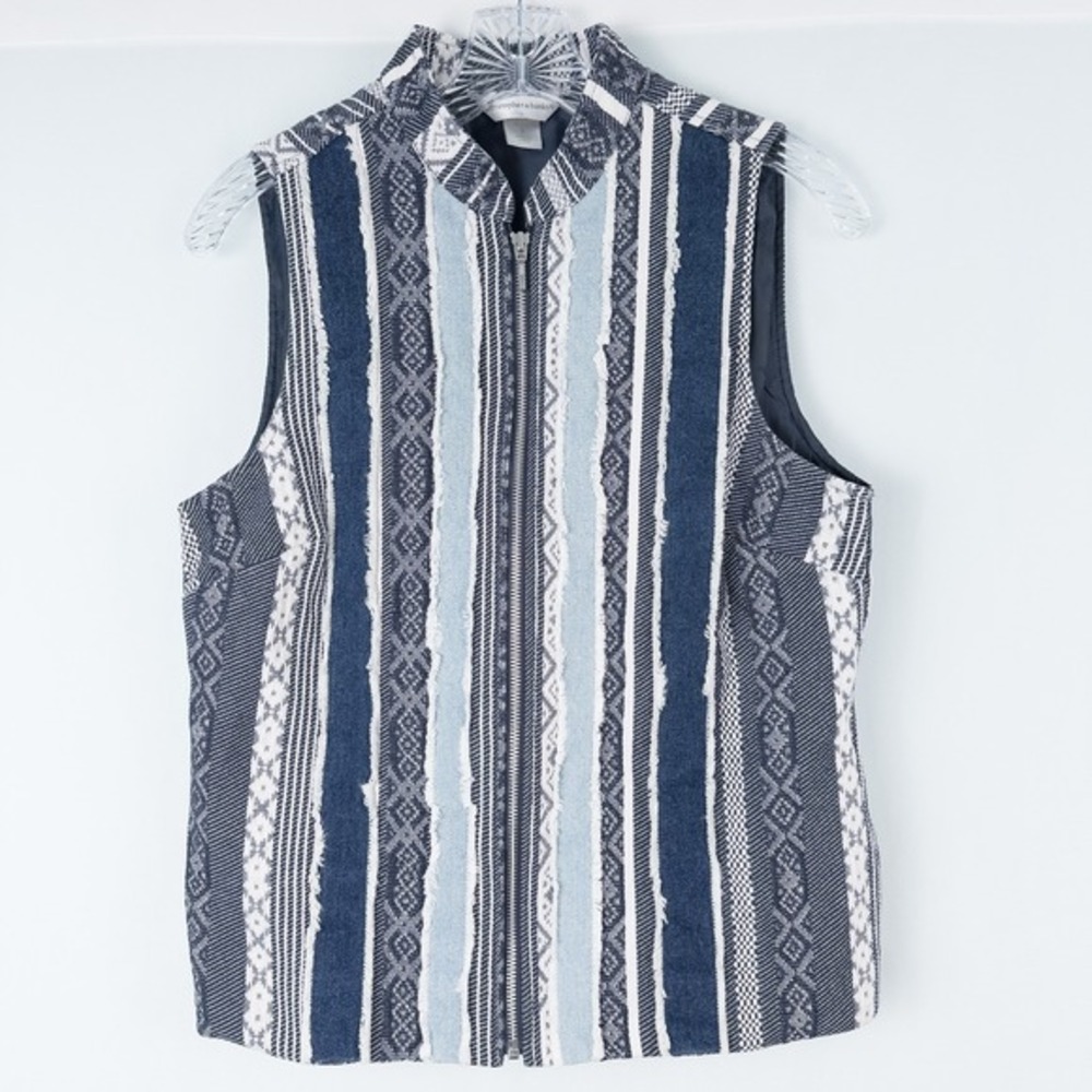 Striped Patchwork Full Zip Denim Vest Womens Small Boho‎ Americana Indie Western